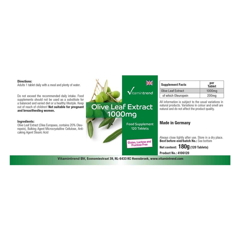 Vitamintrend® Olive Leaf Extract 1000 mg - 120 Vegan Tablets