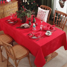Jacquard Christmas Tablecloth Rectangle 152 x 213 CM, Waterproof Oil Proof Anti-Shrink Holly Leaves Damask Xmas Table Cloth, Fabric Table Cover for Kitchen Dining, Party, Indoor, Outdoor, Holiday, Red