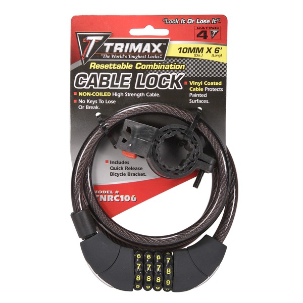 Trimax TNRC106 72" x 10 mm Medium Security Non-Coiled Combination Cable Lock with Bracket