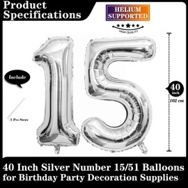 Silver 15 Number Balloons, 40 Inch Giant Number 15 Balloons Foil Mylar Helium Silver Number Balloons for 15th Birthday Party Supplies Anniversary Event Celebration Decorations