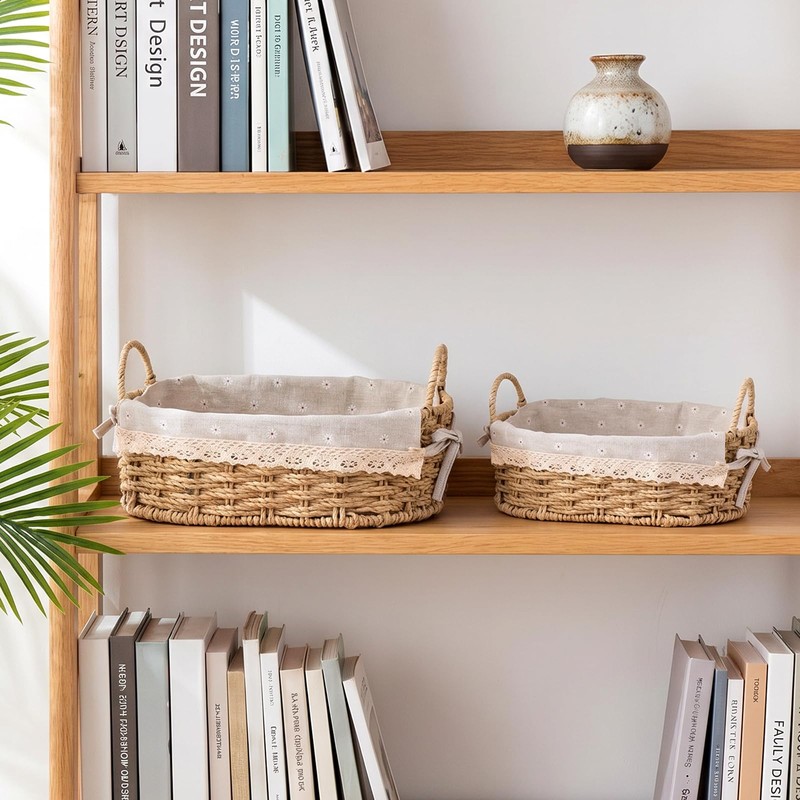 2Pcs Small Wicker Storage Baskets with Handles & Liners for