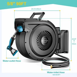 Retractable Garden Hose Reel 5/8 in x 90 ft, Heavy Duty Hose Reel with 10 Pattern Nozzle/Any Length Lock/Supports Automatic Rewind /180°Swivel, Wall Mounted Water Hose for Outside, Black