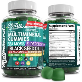 Clean Sea Moss Gummies | Black Seed Oil Ashwagandha, Elderberry, Burdock Root, Chlorella, Manuka Honey - Vegan Irish Sea Moss Gummy Vitamins For Adults Kids Men Wome
