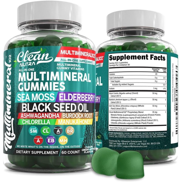 Clean Sea Moss Gummies | Black Seed Oil Ashwagandha, Elderberry,