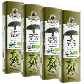 Ellora Farms, 2020 Gold Medal Organic USDA Pure Greek Extra Virgin Olive Oil, Cold-Pressed, Unfiltered, Kosher, 17 oz tin, Pack of 4
