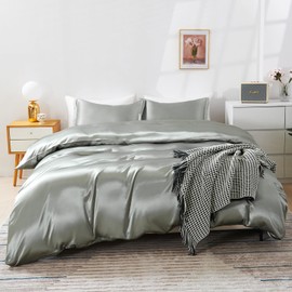 HOdo Home Satin Duvet Cover King Size, 3 Piece Silk Like Comforter Cover, Ultra Soft and Breathable Bedding Set with Zipper Closure & Corner Ties