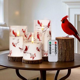 SNUGBLAKI Flameless Candles with Remote, Cardinal Theme Battery Operated Candles with Timer, Real Wax in Glass Red Bird LED Candles for Party, Holiday Festival, Home Indoor Decor, Set of 3