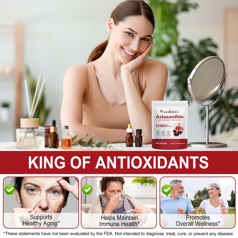 ZIXBMHYJ Astaxanthin 12mg, Natural Astaxanthin Supplement, Supports Eye, Skin, Joint,