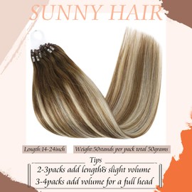 Sunny Micro Bead Hair Extensions Human Hair Balayage Brown Micro Loop Hair Extensions 16 Inch Micro Ring Hair Extensions Balayage Medium Brown with Blonde Microbead Extensions Real Human Hair 50G