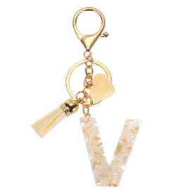 PATIKIL Alphabet Initial Letter Keychain, Resin Cute Keychains with Tassel Heart Letter V Pendant Charm for Women Key Purse Handbag Backpack Bag Accessories, Beige