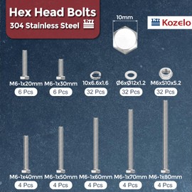Kozelo 128 Pcs Bolts and Nuts Washers Kit - [M6] 304 Stainless Steel Hex Tap Bolt Assortment Fully Threaded Hexagon Head Machine Bolts Right Hand External Hex Drive, Silver Tone