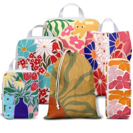 6 Set Compression Packing Cubes for Travel,Bohemia Packing Cubes for Suitcase Luggage Organizer Bags,Travel Essentials for Carry on Backpack,Ultralight and Waterproof (Boho Abstract Flowers)