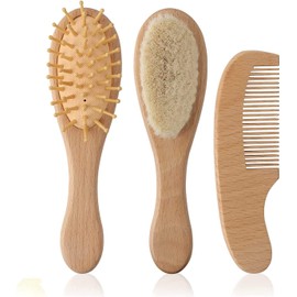 3 Piece Wooden Baby Hair Brush and Comb Set Natural Goat Bristles Brush for Newborns and Toddlers Perfect for Baby Shower and Registry