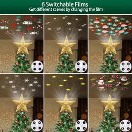 CheerHP Star Christmas Tree Topper Lighted with 6 Projection Modes - Spark Christmas Decorations Treetop Gift LED Rotating Glitter Decor(Gold)