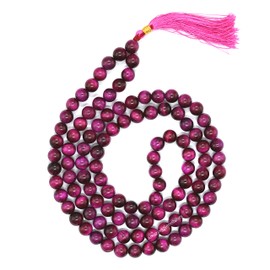 Pink Tiger Cats Eye Buddhist Prayer Beads Japa Mala with 108 Meditation Beads (Without Knots)
