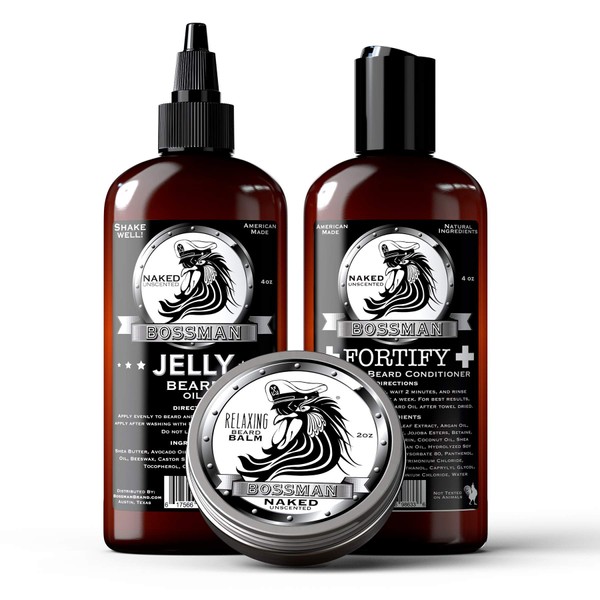 Bossman Essentials Beard Kit - Made in USA - Jelly Beard Oil - Conditioner - Beard Balm - Natural Ingredients (Unscented)