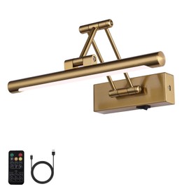 yumcrelect Battery Operated Picture Light with Remote,Wireless Gallery Lights Brass 12in Rechargeable Display Light with Flexible Swing Arm,Dimmable Wall Sconce for Artwork on Wall