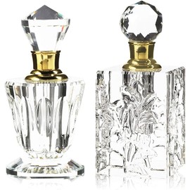 Okuna Outpost Crystal Glass Perfume Bottle Set - Refillable Perfume Bottles for Fragrance & Oils - Boudoir Props - Pack of 2, Transparent Glass, Round