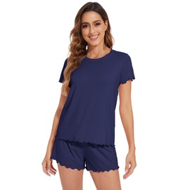 WiWi Soft Viscose from Bamboo Pajamas for Women Summer Short Sleeve Top with Shorts Pajama Set Cooling Sleepwear S-XXL, Navy, X-Large