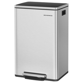 SONGMICS Trash Can, 13-Gallon Gabbage Can, with 15 Trash Bags, Steel, with Soft-Close Lid, Removable Inner Bucket, Handles, Silver ULTB595E01V1