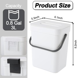 CXGFVRE 0.8 Gallon/3L Compost bin Kitchen, for use on countertops or Under Sinks, Hanging Trash can with lid, for Cupboard/Bathroom/Bedroom/Office/Camping, Mountable Indoor Compost Bucket(White)