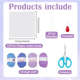 FREEBLOSS 2 Set Plastic Canvas Box Kit Cross Stitch Kit for Beginners Mesh Canvas Sheets and 4 Colors Yarn for Embroidery Crafting, Knitting Projects