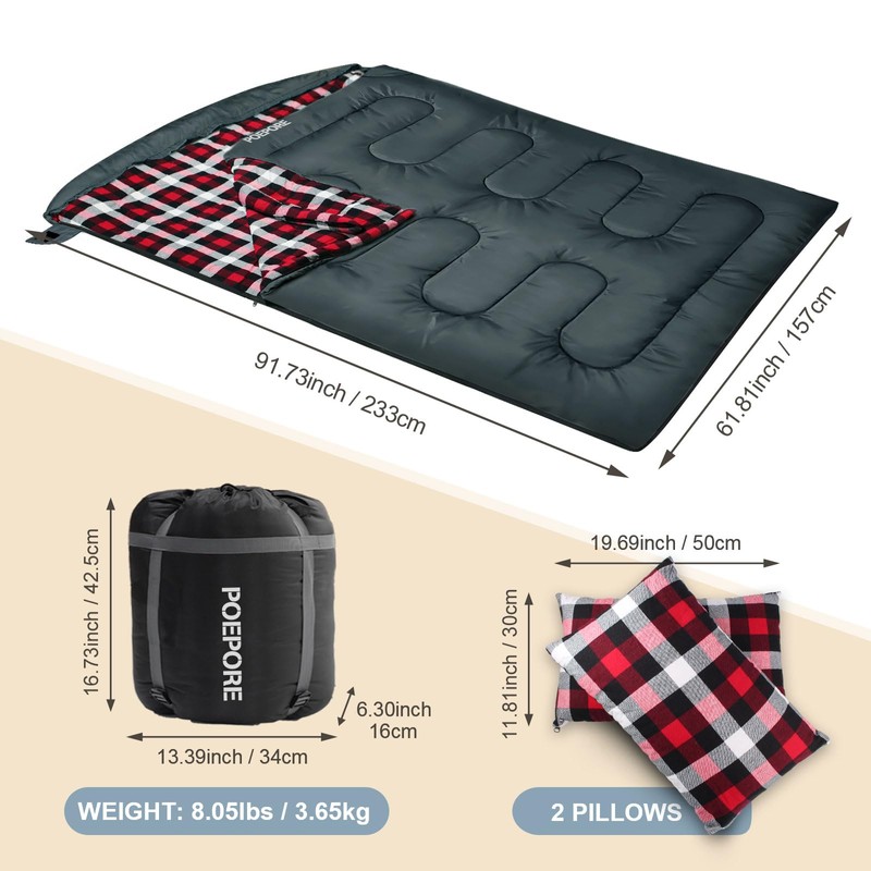 POEPORE Double Sleeping Bag Flannel for Adults with 2 Pillows