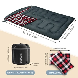 POEPORE Double Sleeping Bag Flannel for Adults with 2 Pillows 2 Person Sleeping Bags Camping XXL Queen Size Two Person Sleeping Bag for Cold Weather