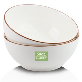 ALLUSEIT 8" Serving Bowls & Mixing Bowl, 68oz White Grid Pattern Ceramic Large Bowl Set of 2 for Salad, Soup, Pho, Pasta, Prep, Kitchen, Party etc. Microwave & Dishwasher Safe