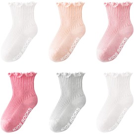DRESHOW Infant Ruffle Lace Socks Baby Girl Socks Non-Slip Simple Ruffled Baby Socks Newborn Ankle Dress Christening Socks, 6 pairs anti slip socks: 16-04