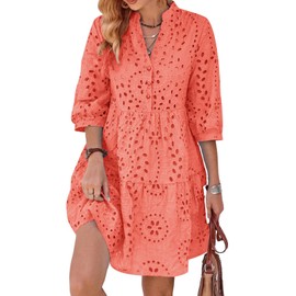 utcoco Women's 2025 Eyelet Lace Midi Dress V Neck Puff 3/4 Sleeve Button Tiered Sexy A Line Sun Dress (X-Large, Orange)