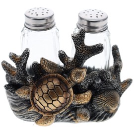 Sea Turtle Seashell Coral Salt and Pepper Shaker Set - Nautical Ocean Beach Coastal Decor