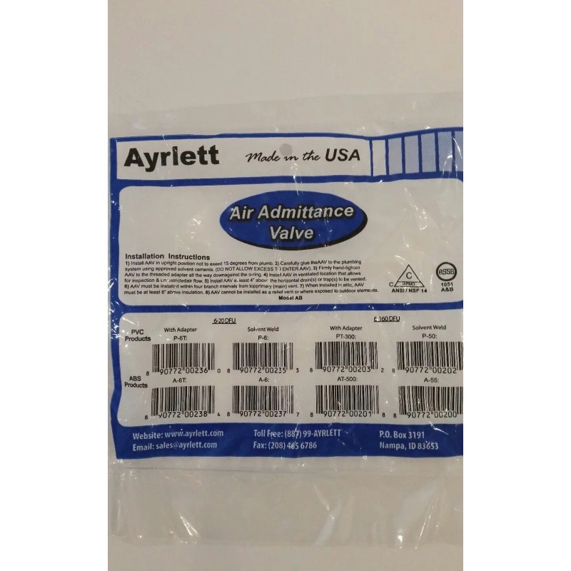 AYRLETT Air Admittance Valve 1-1/2" - 2" Adapter