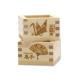 Japanese High-Grade Cypress Wooden Sake Masu Cups with Lucky Artwork ((Set of 2) - Made in Japan Origami crane &folding fan…)