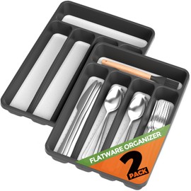 2PACK Silverware Organizer - BPA-Free Kitchen Drawer Organizer with Non-slip TPR Linings, Utensil Holder Cutlery Drawer Organizer for Forks, Spoons and Knives- 5 Slots, Grey