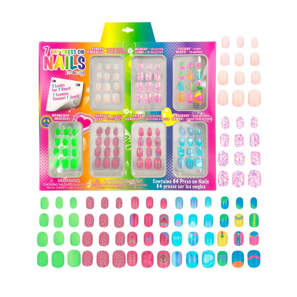 Expressions Girl 7 Day Manicure Collection - 84PC Press On Nail Set, Day-of-The-Week Adhesive False Nails for Girls – Colorful Novelty Designs Stick On Nails for Kids (BRIGHTS or PASTELS)