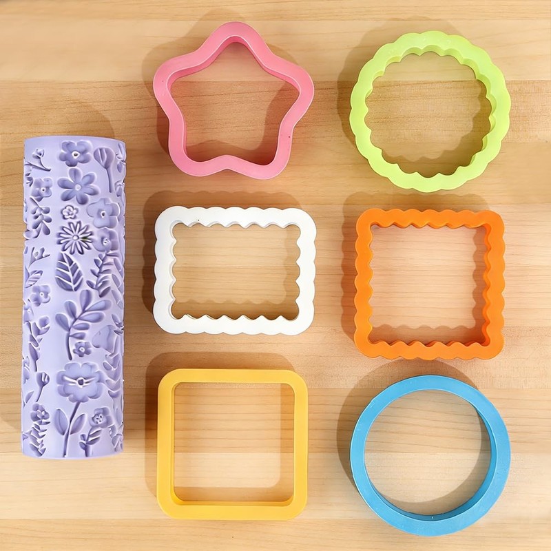 7Pcs Baking Cookie Cutters Shapes Flower Texture Roller Star Round