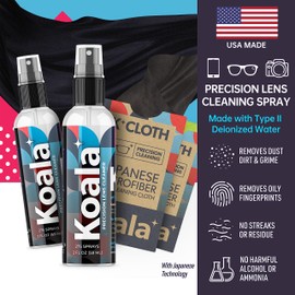 Koala Eyeglass Lens Cleaner Spray Kit | 2 Glasses Cleaner Bottle + 2 Microfiber Cloth | Alcohol Free Eye Glass, Screen and Camera Cleaning Kit | Made in USA (4 Piece Set)