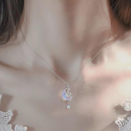 Inilbran Boho Moonstone Crescent Moon Choker Necklace Silver Opal Moonstone Crescent Moon Necklace Choker Vintage Crystal Star Pendant Necklace Sparkling CZ Star Necklace Jewellery for Women, Zinc