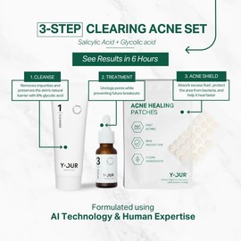 Y’OUR Essential 3-Step Acne Kit: Purifying Cleanser, Anti-Acne Serum & Healing Patches; Pimple Clearing, Pore Minimizing Skincare Routine. Made in USA. Suitable for All Skin Types. Holiday Gift Bundle