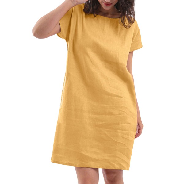 Amazhiyu Womens 100% Linen Summer Casual Crew Neck Midi Dresses