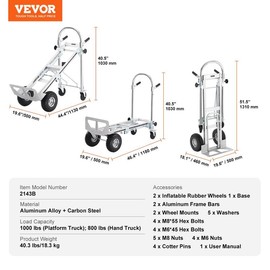 VEVOR Aluminum Folding Hand Truck, 2 in 1 Design Max 800 lbs Capacity, Heavy Duty Industrial Collapsible cart, Dolly Cart with Rubber Wheels for Transport and Moving in Warehouse, Supermarket, Garden - Load Capacity: 4 in 1 - 1000 lbs