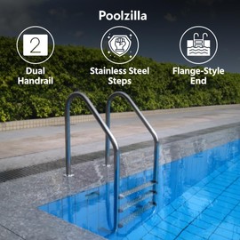 Poolzilla Three Tread Salt Ladder - Deck Mounted Stainless Steel Entry and Exit System, with Pre-Drilled Flange-Style End and Stainless Steel Steps