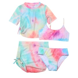 WYTbaby Girls' 4-Piece Bikini Set Hawaiian Beach Swimming Costume for Children 8-12 Years, pink, 8-9 years