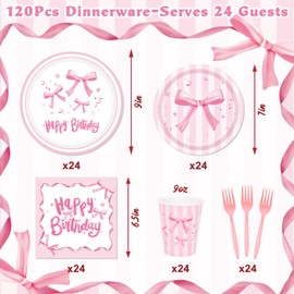 REDWORD Pink Bow Birthday Decorations, 120Pcs Bow Party Tableware Plates Napkins Cups for Pink Birthday Girls Bachelorette Party Decorations-Serves 24