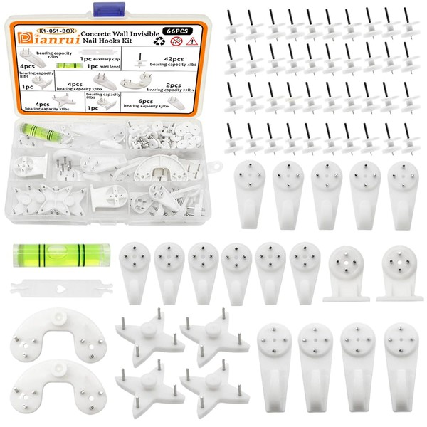 Dianrui 66PCS Concrete Wall Hooks Kit Invisible Nail Wall Screw