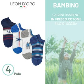 LEON D'ORO Socken für Kinder, Baumwolle, Schottlandgarn, 4 Paar, leicht und atmungsaktiv, hergestellt in Italien, ASS1, 23-28