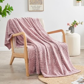 SOCHOW Super Soft Flannel Fleece Throw Blanket, Lightweight Cozy Warm Leaves Textured Plush Blanket for Bed Couch Sofa, 127cm × 150cm, Dusty Rose