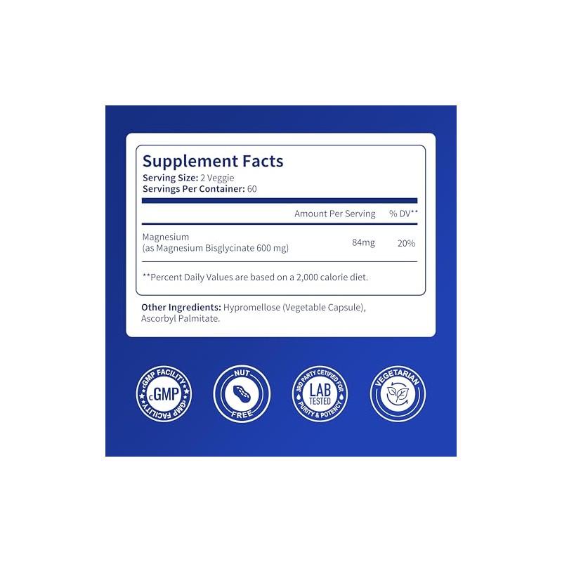 Pure Magnesium Glycinate 600mg - Magnesium Bisglycinate Supplement, High Absorption