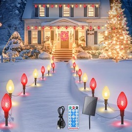 Minetom Solar Double C9 Strawberry Christmas Pathway Lights Outdoor -16FT 10 LED C9 Christmas Lights with Timer,8 Modes,Solar Christma Outdoor Decorations for Lawn Outside Walkway,Red & White